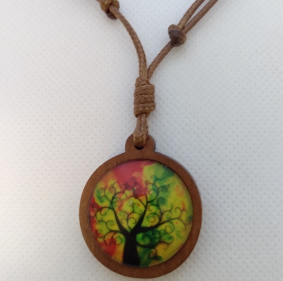 Handmade Rasta Color Tree Cabochon on Round Wood Pendant. Adjustable Length - Picture 2 of 4